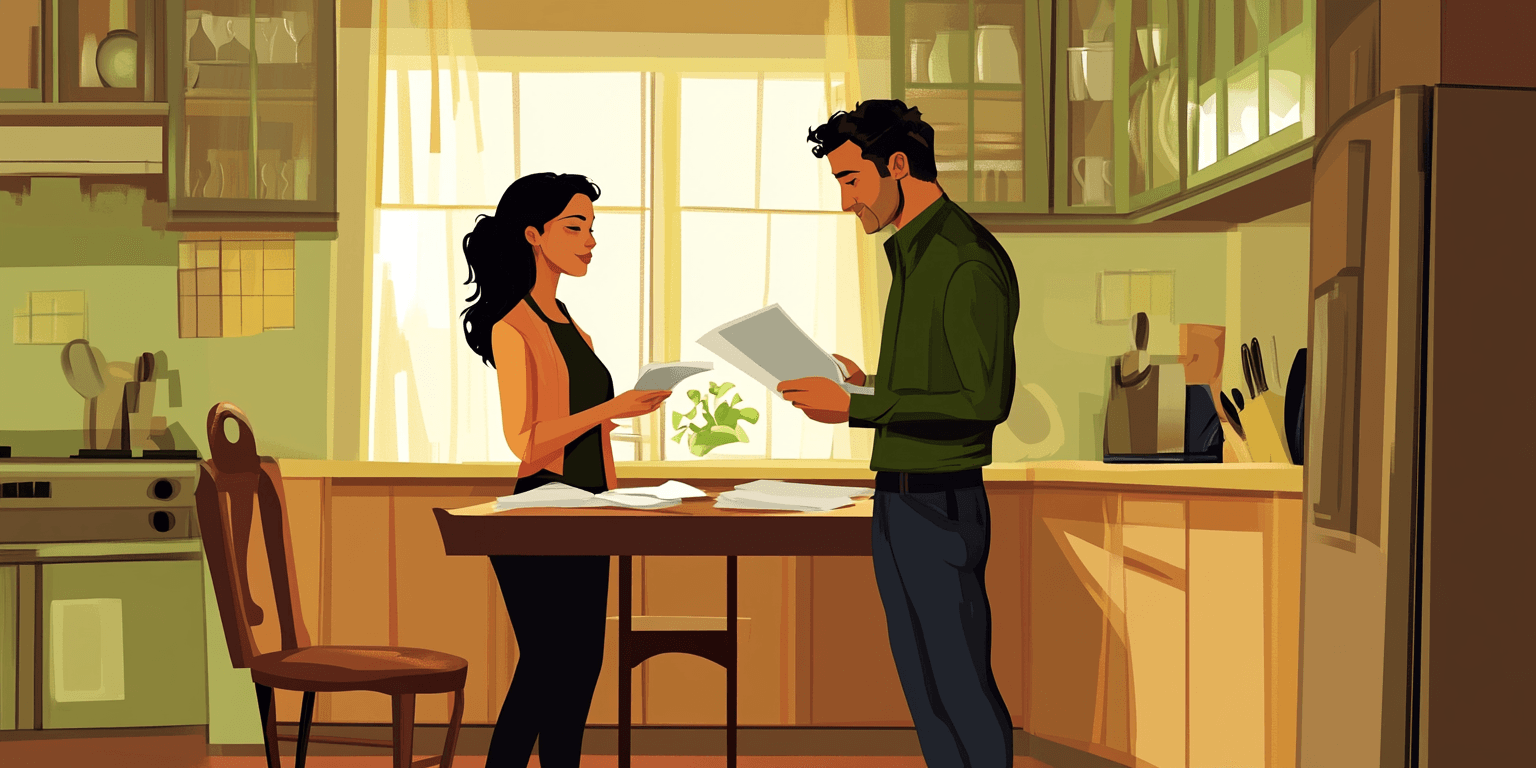 Deciding whether to sell the family home Adult siblings sitting at a kitchen table on Long Island discussing whether to sell the family house they grew up in